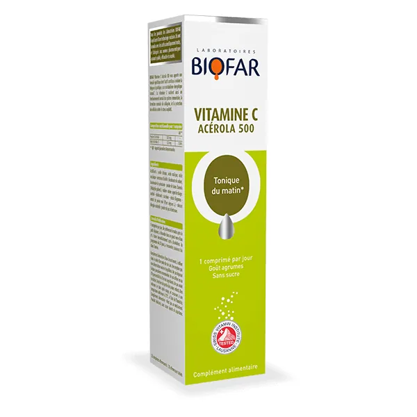 Vitamine C Acérola 500 Tonique du Matin Effervescents 20 Comprimés – Biofar Biofar Vitamine C Acérola 500 Tonique du Matin Effervescents 20 Comprimés | ParaforYou Maroc