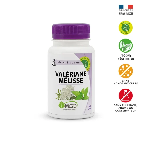 Sérénité / Sommeil Valériane et Mélisse 60 Gélules – MGD Nature MGD Nature Sérénité / Sommeil Valériane et Mélisse 60 Gélules – compléments sommeil et stress | ParaforYou Maroc