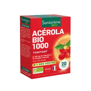 Bio Acérola 1000 Tonifiant 180mg de Vitamine C Goût Fruits Rouges 20 Comprimés – Santarome Santarome Bio Acérola 1000 Tonifiant 180mg de Vitamine C Goût Fruits Rouges 20 Comprimés | ParaforYou Maroc